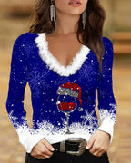 Bedrucktes V-Ausschnitt Langarm-Top