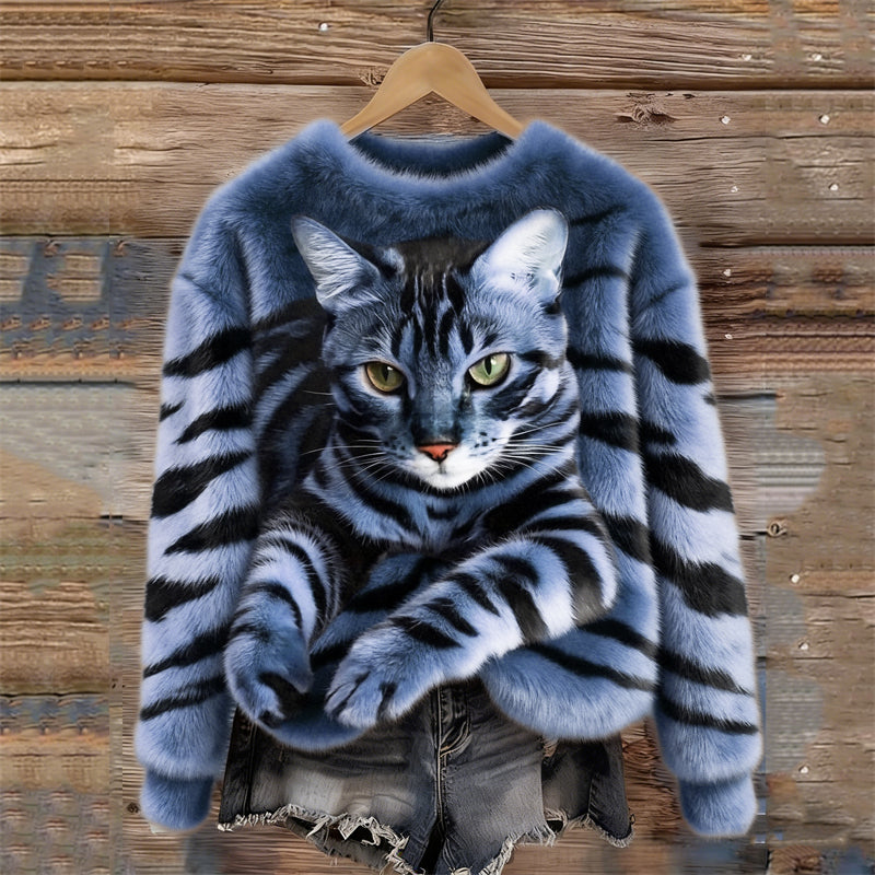 Luna - Gemütlicher Plüschpullover mit Tiger- und Tabby-Katzen-Muster