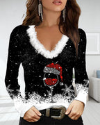 Bedrucktes V-Ausschnitt Langarm-Top